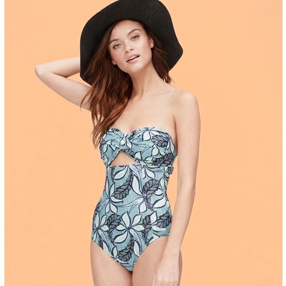 LOFT Beach Blue Tropical Leaf Cutout Halter One Piece Swimsuit 10 Medium